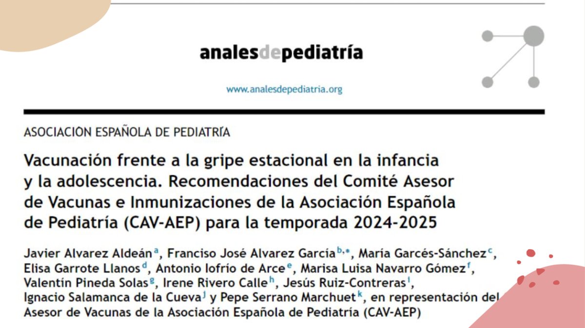 CAV_AEP's tweet photo. 🔊🔊Vacunación frente a la gripe estacional en la infancia y la adolescencia. Recomendaciones del Comité Asesor de Vacunas e Inmunizaciones de la Asociación Española de Pediatría para la temporada 2024-2025. #AnalesDePediatria @aepediatria 
https://t.co/JPnCvmAfFK https://t.co/1EqHVDShQf