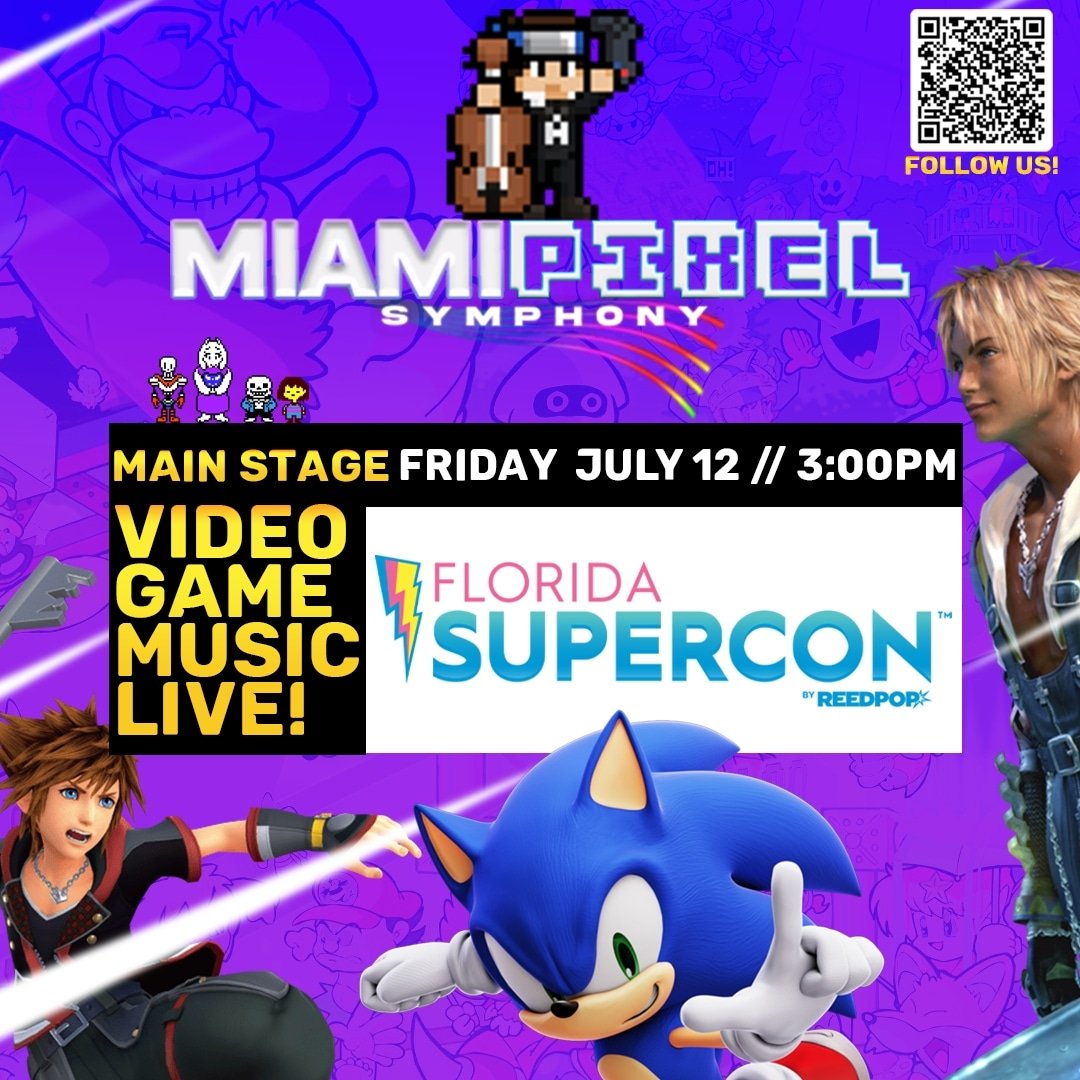 miapixsymphony's tweet photo. Check us out @FloridaSupercon for an epic orchestral performance of many pixel favorites! We will be rolling out sneak peaks of what we're performing soon...what do you wanna hear? Let us know what you're hyped for in the comments! 😎 #miamipixelsymphony #floridasupercon https://t.co/SYsfIeG2H3