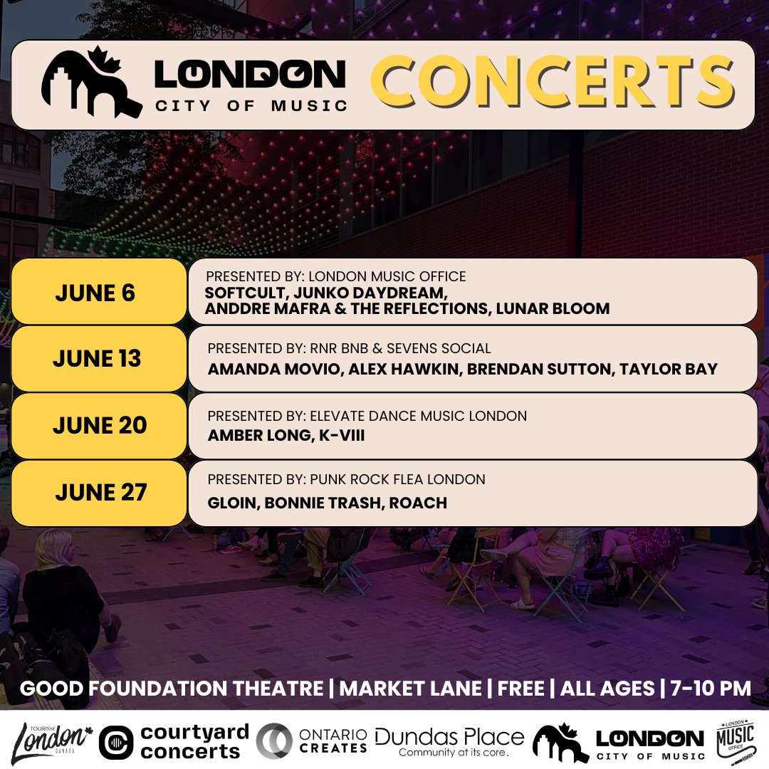 Join us on June 6 for the first edition of the ✨City of Music Concerts✨in Market Lane, 7-10 PM!! FREE SHOW! Ft JUNO nominated @softcultband, Junko Daydream, Anddre Mafra & The Reflections & Lunar Bloom. Check out the rest of the June lineup too! 😀 ℹ️: bit.ly/44U5mD1