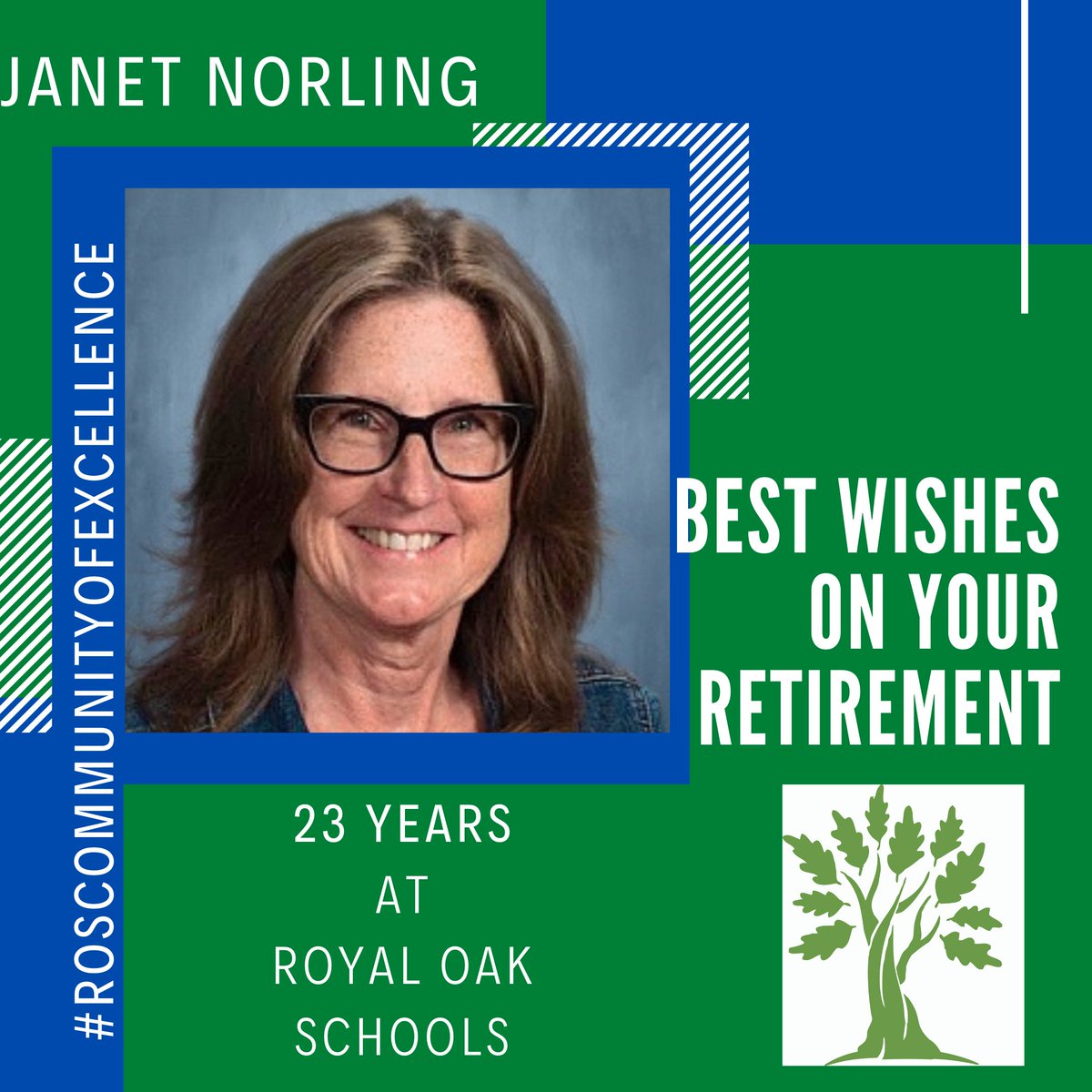 royaloakschools's tweet photo. Wishing a happy retirement to Janet Norling, our Career Development Coordinator at ROHS! 🎉🌟 After 23 years of dedication, you’ve made a lasting impact. Enjoy this new chapter, and thank you for your service to Royal Oak Schools! 🌳
#ROSCommunityofExcellence #RetirementWishes https://t.co/MkJbYiv5o0