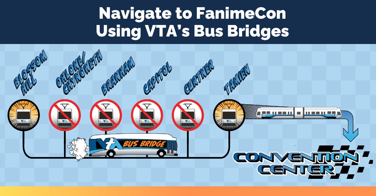VTA's tweet image. Attn: @FanimeCon 🏁 #transitriders traveling from South San Jose during 5/24-5/27

Select #lightrail stations from our Blue Line are closed. Riders can catch the #busbridge to continue traveling northbound. 

Please allow extra time to travel: bit.ly/3OUhJJs