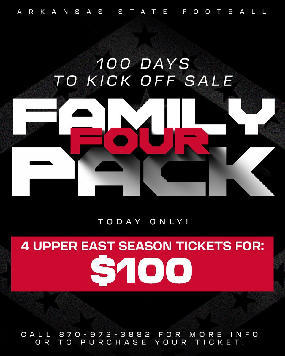 Four @AStateFB season tickets for just $100! It's perfect for families wanting to enjoy the games or businesses looking for a way to reward employees. But, the offer ends at midnight. Call 870-972-3882 or go to AStateRedWolves.com/100Days to get yours now! #WolvesUp