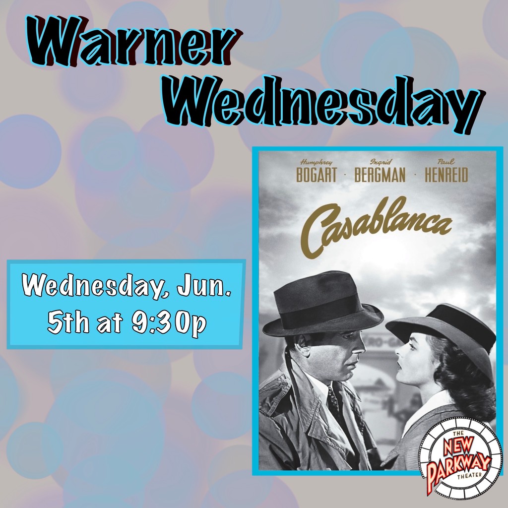 Casablanca (Warner Wednesday) will be playing at the New Parkway on Wednesday, June 5th at 9:30p! 🎟️ Ticket link in bio! **Please check our website for accurate showtimes!** #casablanca #war #romance #cafe #oakland #bayarea #movie #film #movietheater