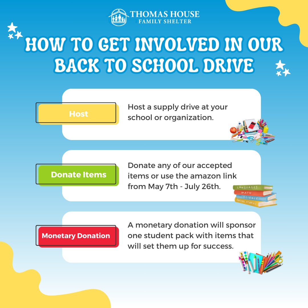 Get involved with our Back to School Drive and make a difference! 📚✏️ Together, we can ensure every child is ready for the new school year! 💙​ #ThomasHouseFamilyShelter #BackToSchoolDrive #CommunitySupport