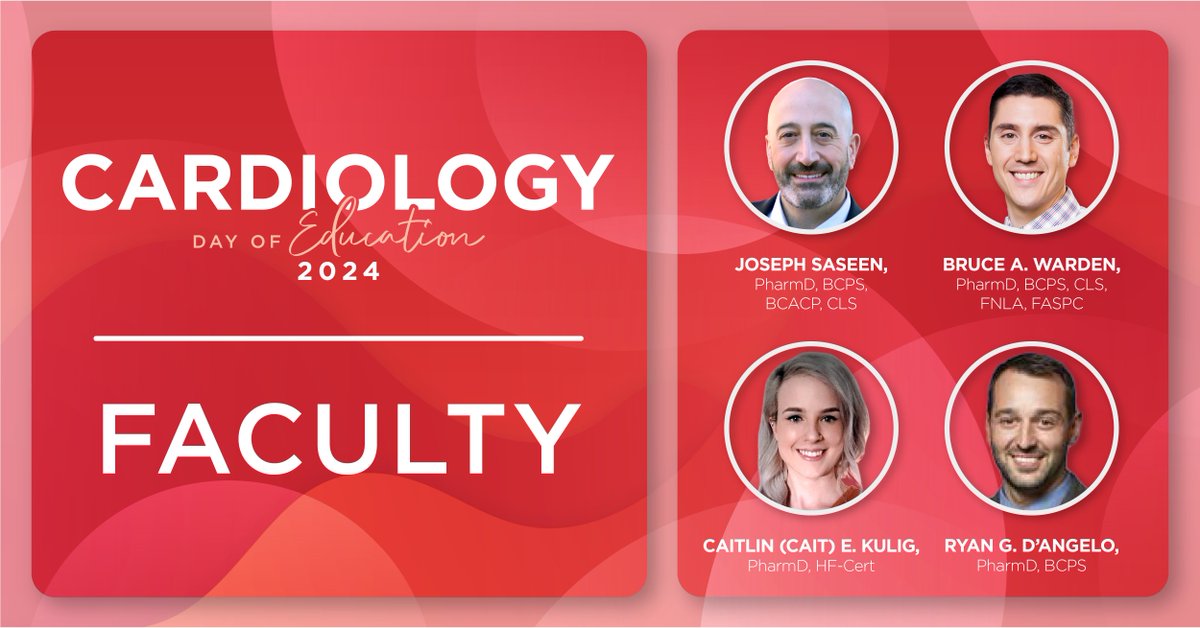 Introducing our faculty for the 2024 Cardiology Day of Education! Expert faculty will provide pharmacists with insights to enhance their practice and address the evolving landscape of care in cardiology. Join us on June 5th by registering today: bit.ly/3UiPeY0 #PTCE