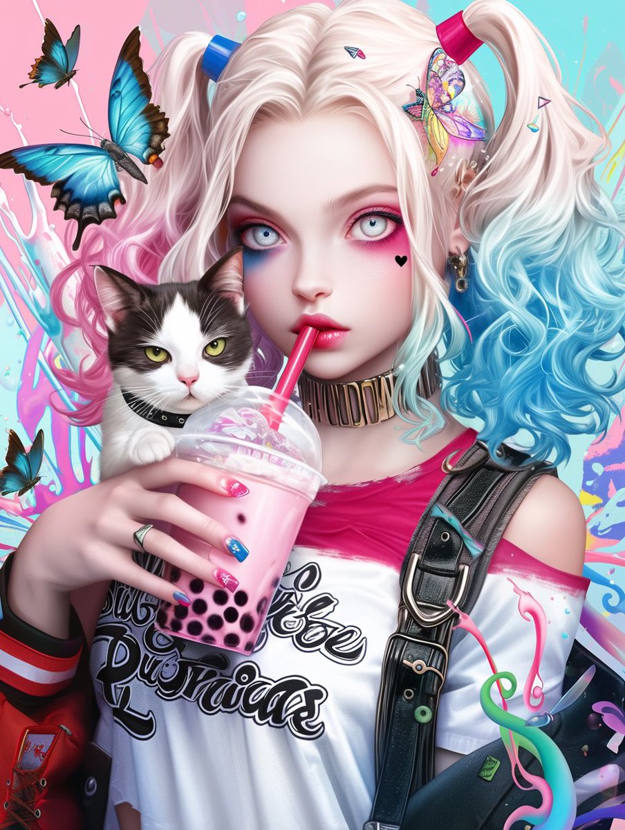 Harley Quinn says it’s boba drink day! 😂💕🍹 Her cat’s expression though. 🐾🙂 #aiart #niji #AIイラスト #harleyquinn #boba