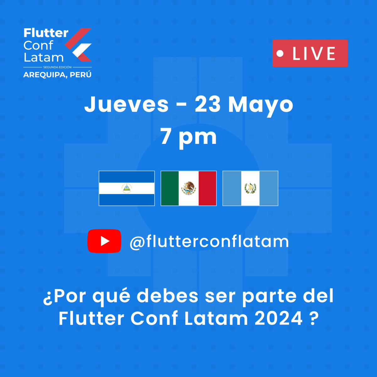¡Hoy 23 de Mayo! 📣💙 Únete para resolver todas tus dudas y ser el primero en conocer nuestros planes.

Join here 👉 youtube.com/live/oM-OnHyqU…

#flutter #flutterconflatam24 #events #arequipa #peru #onlive