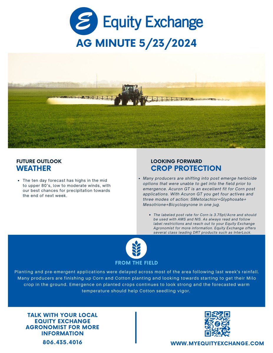 PerrytonEquity's tweet photo. Ag Minute 5/23/24

Let us know if you'd like to have this and other great info sent right to your inbox! 

#agcoop #2024planting https://t.co/U1I8k34TBk