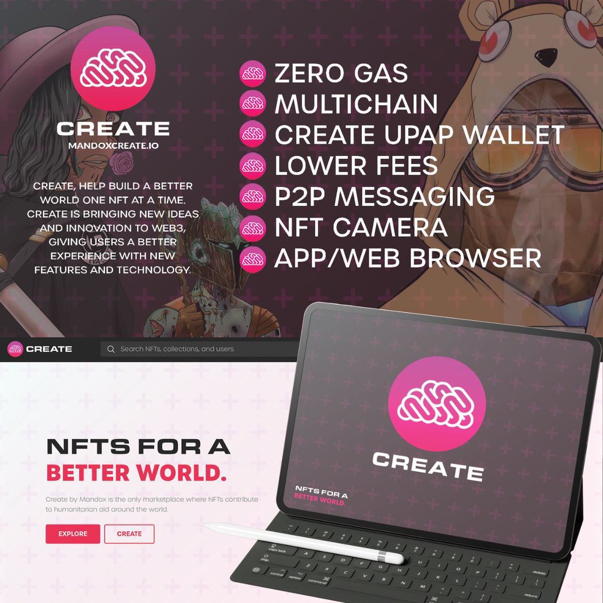 NFTS FOR A BETTER WORLD 

What does that mean? 

<a href="/OfficialMandox/">MANDOX</a> &amp; <a href="/Wire_Blockchain/">Wire Network</a> are working together to release the first #NFT Platform with ZERO GAS, multi chain, wallet-to-wallet messaging, etc. 

That NFT Platform is <a href="/MandoxCreate/">CREATE | NFT Marketplace</a> 

Are you ready?? 
👀

#Mandox $Mandox