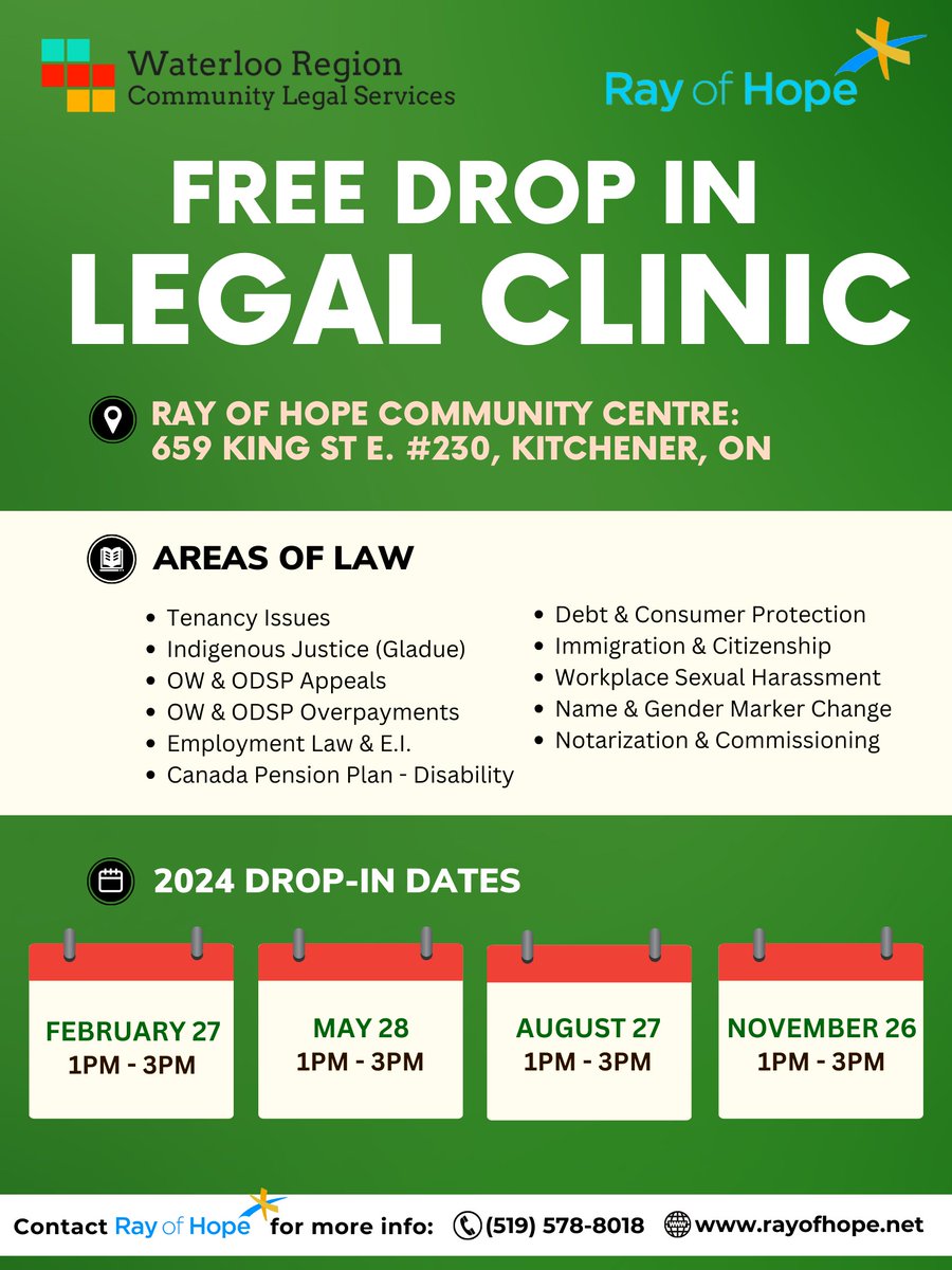 We'll be back at @ROH_1967 Ray of Hope Community Centre for a free drop-in legal clinic session next week on May 28 from 1 to 3pm. No appointment is needed. Please note that that we will do our best to accommodate all requests but will work on a first-come-first-serve basis.