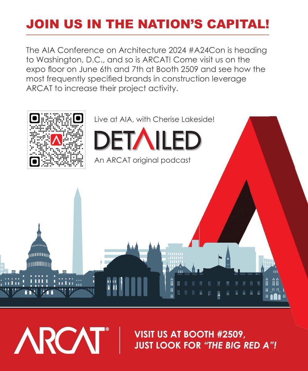 ARCAT_news's tweet photo. We'll be in D.C. for @AIANational #AIA24! Come see us at booth #2509 (we're hard to miss thanks to #TheBigRedA) and learn how we can save you time and money when you're researching building products. And if you manufacture those products, we can help you get specified! https://t.co/FwAW2qOTIi