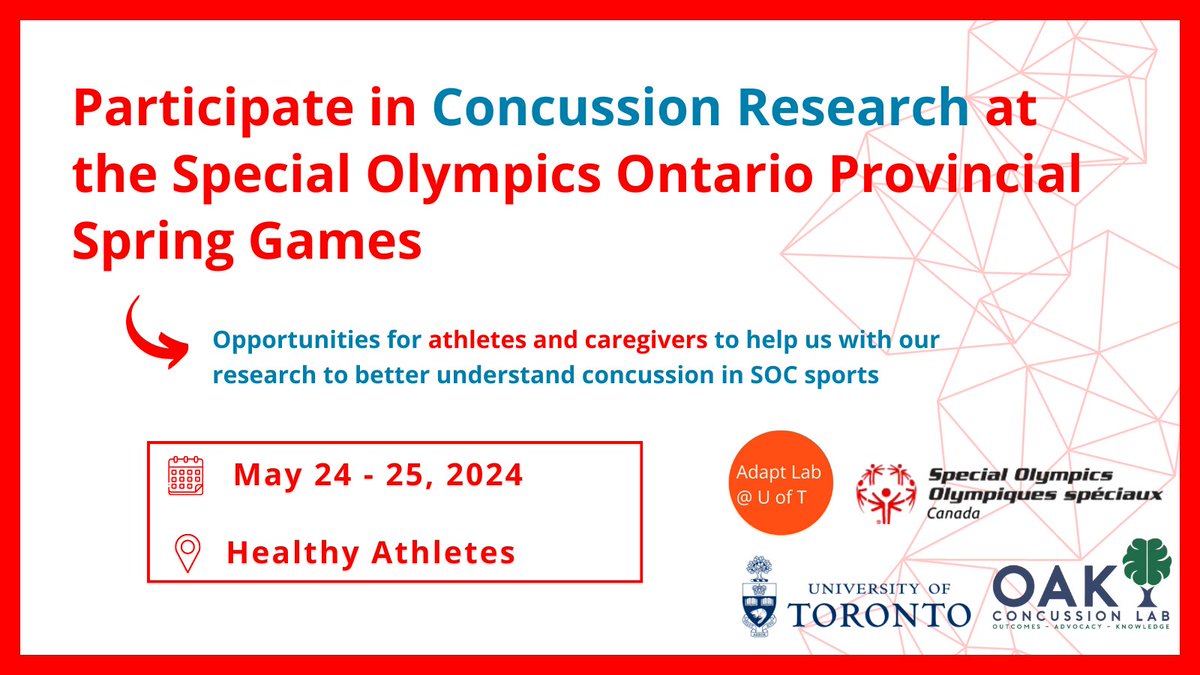 OAK Concussion Lab (@oakconcussion) on Twitter photo We are heading to #Waterloo for the <a href="/SOOntario/">Special Olympics Ontario</a> Provincial Spring Games!
Come find our booth at #Healthy #Athletes to participate in research and learn about #concussions. We are heading to #Waterloo for the <a href="/SOOntario/">Special Olympics Ontario</a> Provincial Spring Games!
Come find our booth at #Healthy #Athletes to participate in research and learn about #concussions.