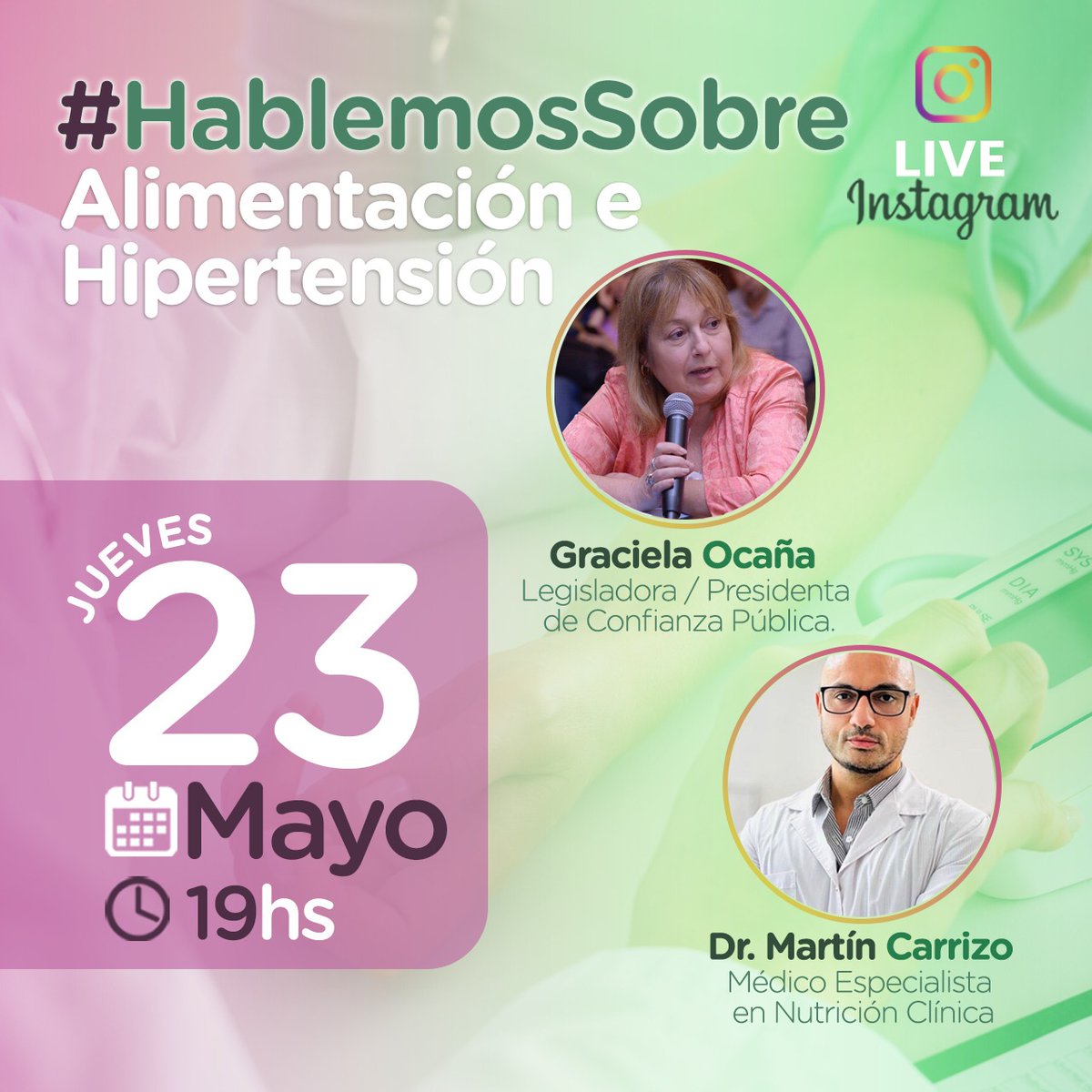 Nos vemos más tarde a las 19:00 Hs en un nuevo instagram live para hablar junto al Dr. @martincarrizo_ sobre hipertensión arterial y alimentación. Te esperamos para conversar con nosotros y compartir todas las dudas que tengas. ¡Nos vemos!