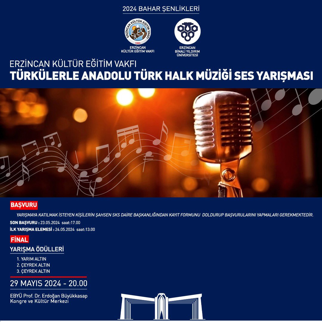 EKEV olarak EBYÜ ile düzenlediğimiz "Türkülerle Anadolu Ses Yarışması" Final programına sizleri de bekleriz.

29.05.2024/Saat:20.00
*Türkülerle Anadolu Ses Yarışması ve Folklor Ekibi Gösterisi 

EBYÜ Prof. Dr. Erdogan Büyükkasap Kongre ve Kültür Merkezi