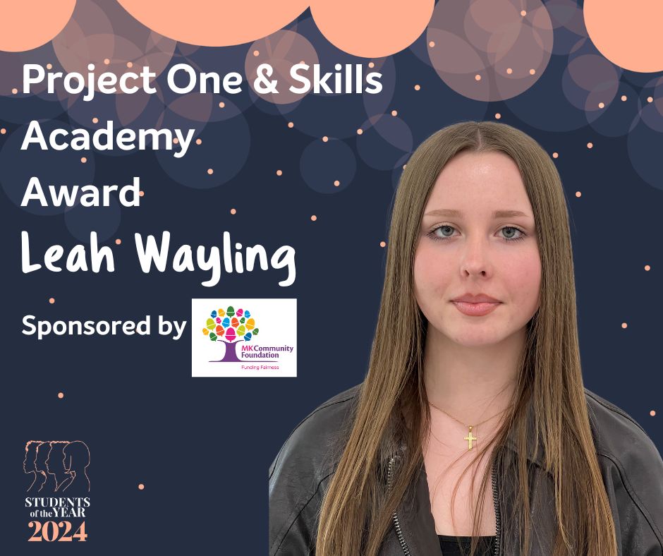MKCollege's tweet photo. Next up on stage is Leah Wayling who has just been awarded the Project One & Skills Academy Award by @MKComFoundation. Fantastic work - we are so proud of you, Leah! #StudentsofTheYear #SOTY24 #MKCollege https://t.co/E4AQ0p8Mnx