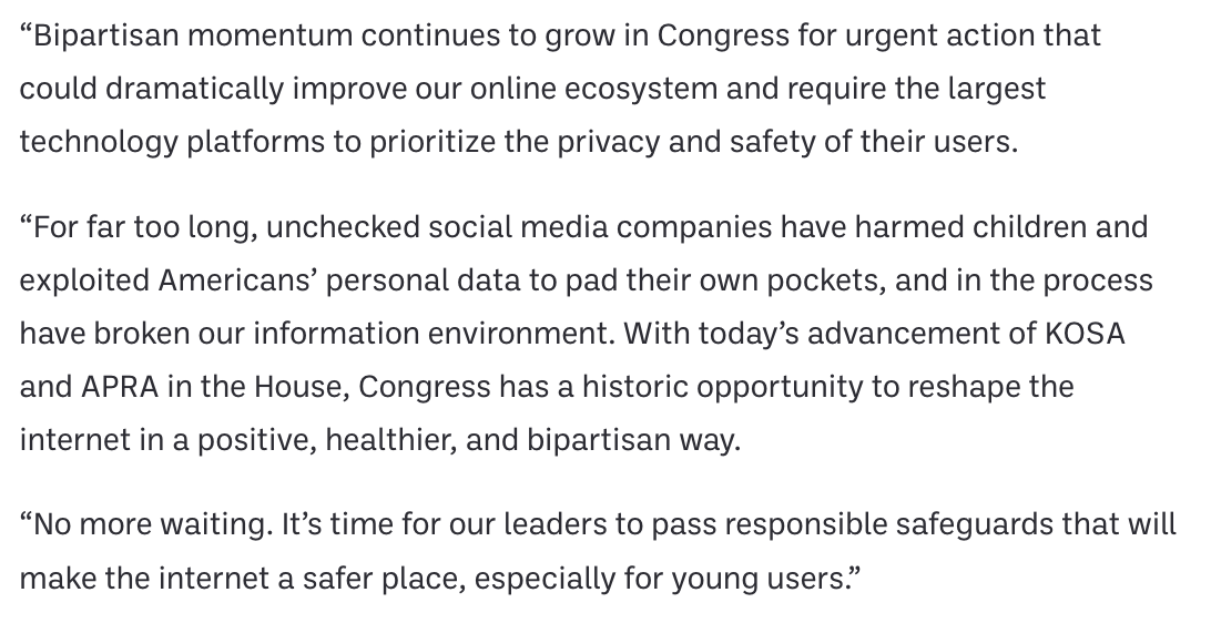 Members of Congress continue to show bipartisan support for youth online safety and privacy as #KOSA and APRA advance. Read our statement about the good news from Council for Responsible Social Media Director Alix Fraser: issueone.org/press/issue-on…