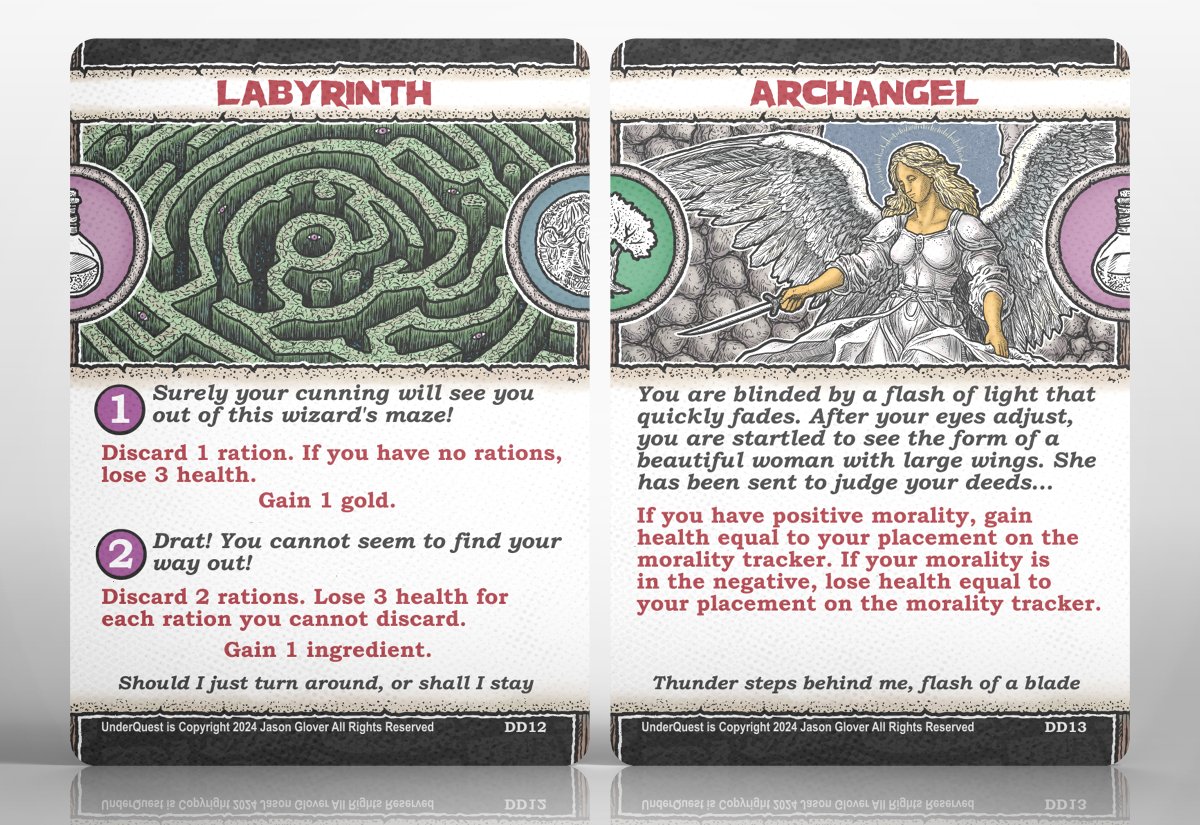A look at two more cards for the dungeon deck for the upcoming UnderQuest. Every dungeon needs a labyrinth to get lost in and an archangel to judge your deeds right? Muhahahahaha!