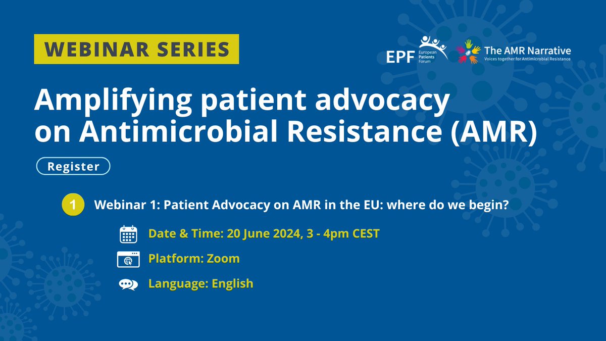 Not to be missed! 20 June 2024, 3pm - 4pm CEST the @eupatientsforum & @theAMRnarrative will jointly host a webinar titled, “Patient Advocacy for #AMR in the EU: where do we begin?” Everyone welcome globally! Register here: eu-patient.eu/news/latest-ep… #AntimicrobialResistance