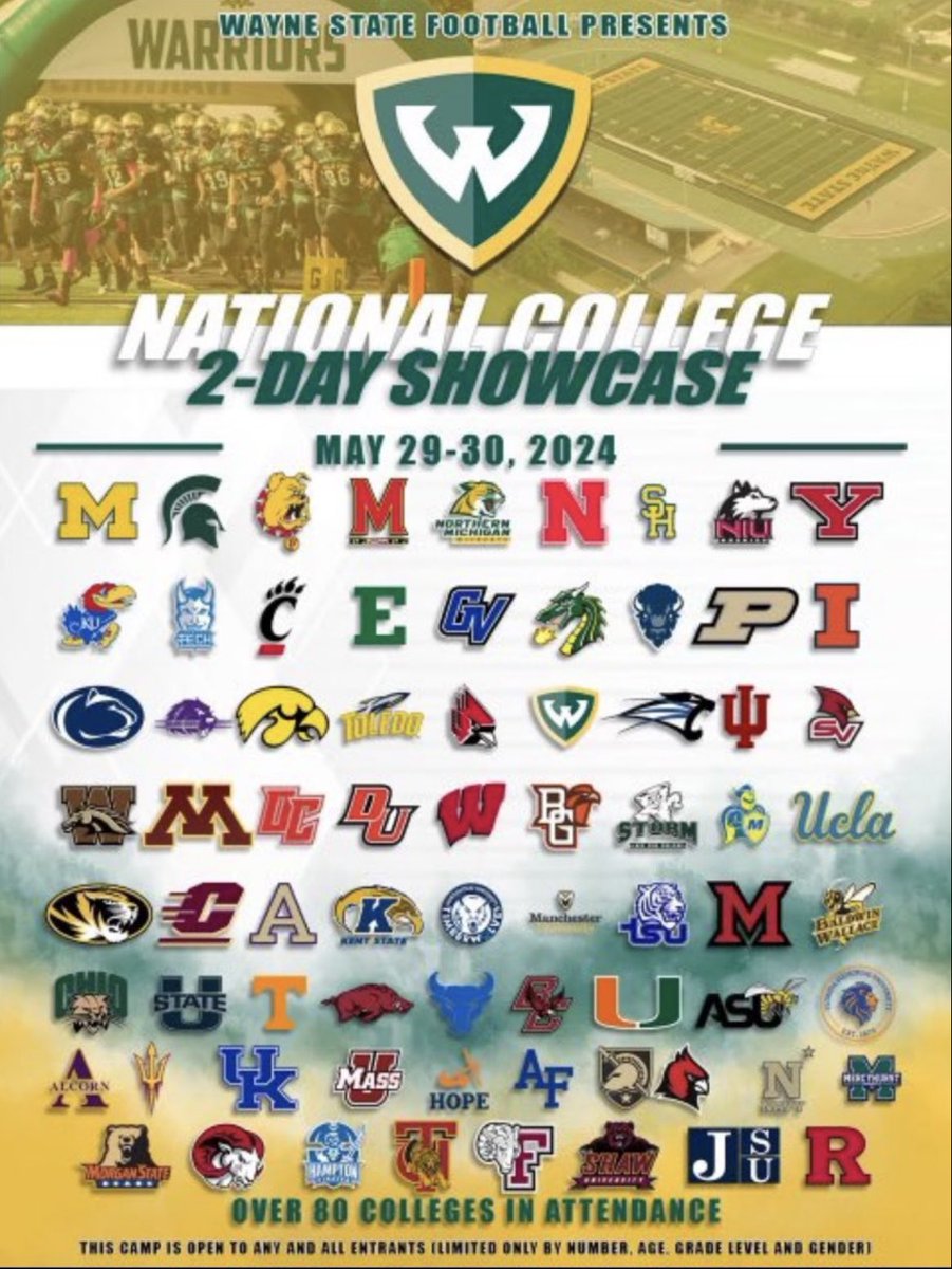I will be at Wayne state football camp next week @beyond_grind @JoelBradford_4 @CoachSimmonsTSU @ChadSimmons_ @On3sports @CSmithScout @McCallieFB