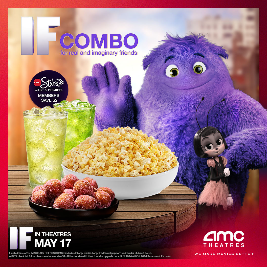 You can't imagine a better combo! Feed your imagination with 1 large 🍿, 2 large 🥤, and one of three new 🍩 hole flavors. Purchase it for your family and see #IFMovie at #AMCTheatres this weekend! amc.film/44EUf0P