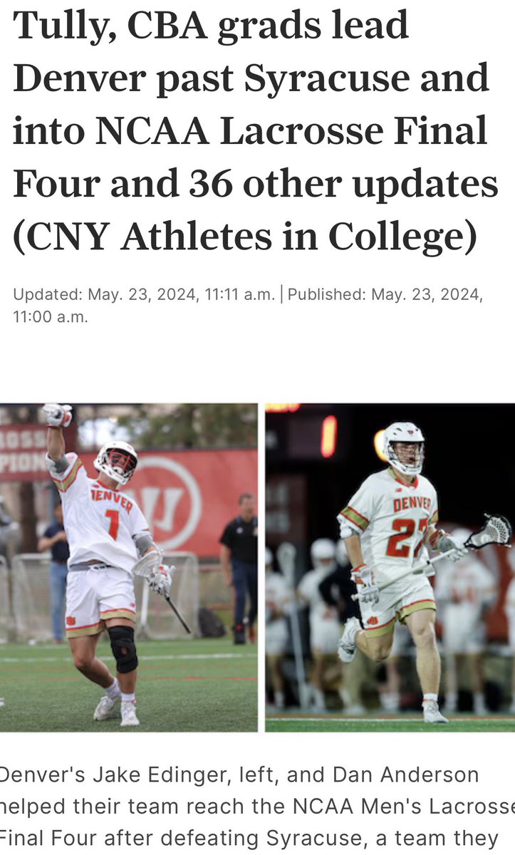 Good luck to former <a href="/CBASyracuse/">CBA Syracuse</a> All-American Dan Anderson and <a href="/DU_MLAX/">Denver Men’s Lacrosse</a> this weekend in the final four. #proudCoach