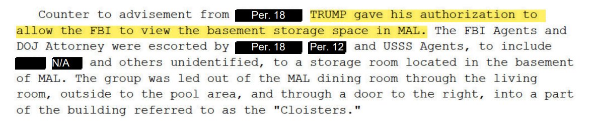 I believe the redacted name is Trump's attorney. He advised Trump not to permit the feds into another area of MAL. Trump overruled that counsel and let Bratt and FBI into the basement storage area where boxes were located. Two months later, Bratt initiated the armed,