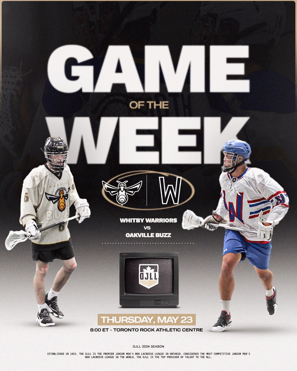 Whitby Warriors battle against the Oakville Buzz in tonight's action💥

📆 May 23rd
🕗 8:00 ET
📍Toronto Rock Athletic Centre
📈 bit.ly/OJLLstats
📺 bit.ly/OJLLTV