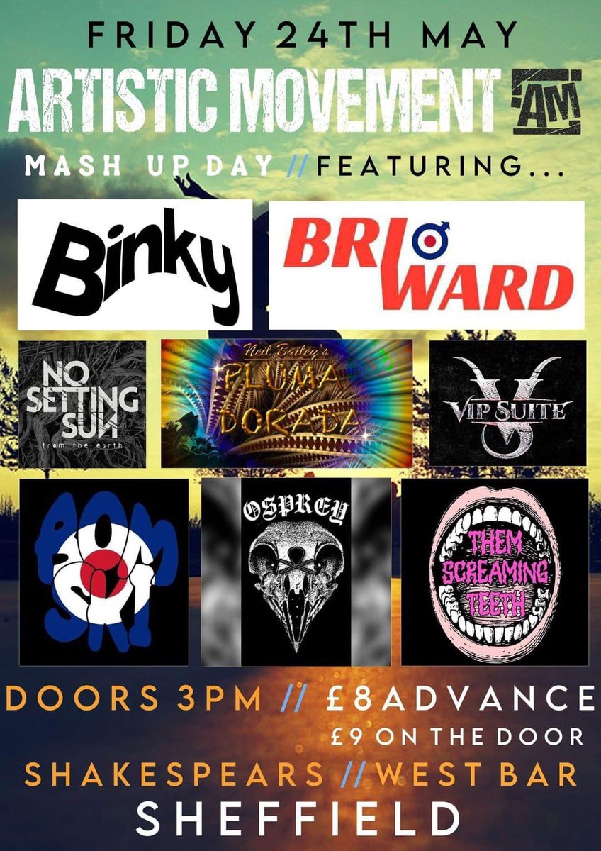 One day to go for #Sheffield 🔥 Mash up day is coming to Shakespeares tomorrow from 3.30pm. DON’T MISS OUT! Get your TICKETS here: artisticmovement.co.uk Artistic movement Binky VIP SUITE Them Screaming Teeth and more #altrock #altmetal #nosettingsun #newrockmusic #livegigs