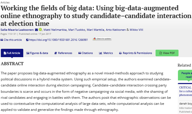 JITP_APSA's tweet image. 📚The authors present their #mixedmethod approach of data-augmented ethnography & use it to examine interactions between #Finnish political candidates on Facebook & Twitter. #bigdata #throwback
➡️By @jahapaula @matnel @MariTuokko @ArtoKekkonen @mvilli
👀tandfonline.com/doi/full/10.10…