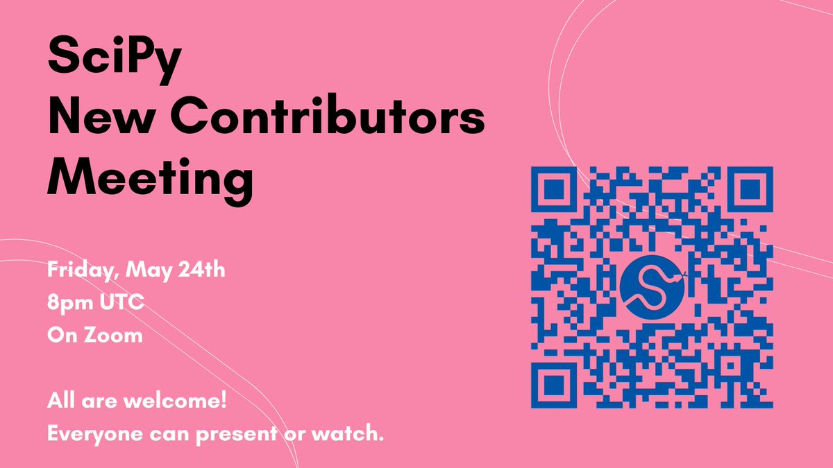 SciPy (@scipy_team) on Twitter photo Our next New contributors' meeting is this **Friday, May 24th at 8pm UTC** - come ask your questions about contributing and anything  else you want to know! Info here -> hackmd.io/@melissawm/sci… Our next New contributors' meeting is this **Friday, May 24th at 8pm UTC** - come ask your questions about contributing and anything  else you want to know! Info here -> hackmd.io/@melissawm/sci…