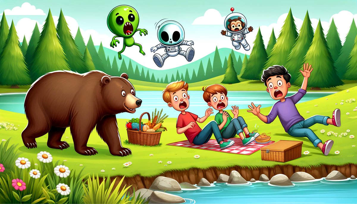 Royalisimo_mat's tweet photo. @REDSEASHAWTY Just another relaxing day by the lake... until the bear showed up! 🐻😱 And yes, that's a green alien and an astronaut monkey. 🌳👽🐒 #UnexpectedPicnic #WildEncounters https://t.co/ykggSxmU8B