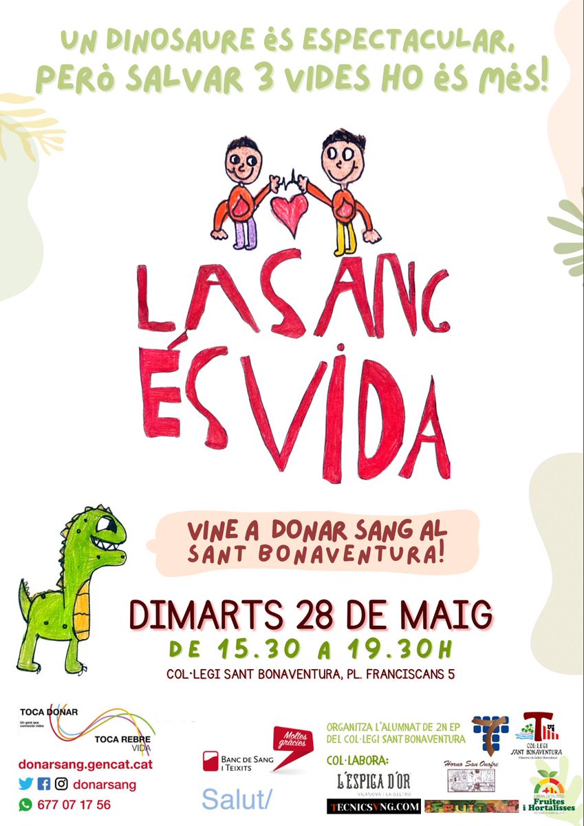 VOLS SALVAR TRES VIDES?❤️❤️❤️

Si vols ser més espectacular que un dinosaure🦖, VINE A DONAR SANG🩸!

T’esperem el proper dimarts 28🗓️ de 15.30 a 19.30⏰ a la capella del Col·legi Sant Bonaventura📍!

Recorda que has de portar el DNI⚠️!