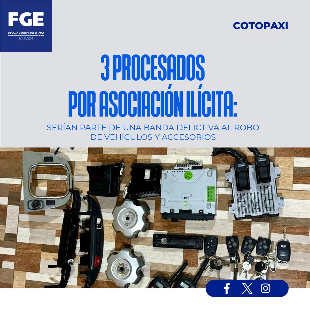 #ATENCIÓN | #Cotopaxi: prisión preventiva para 3 presuntos integrantes de una banda dedicada al #robo de vehículos y autopartes. #FiscalíaEc los procesa por #asociaciónilícita.

Detalles ⬇️

🌐 acortar.link/wjn8MK