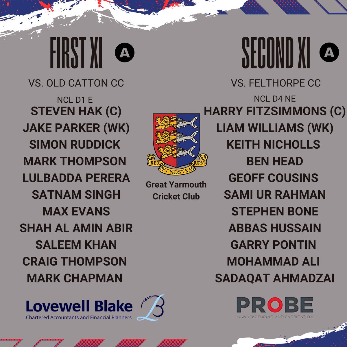 Great Yarmouth Cricket Club (@greatyarmouthcc) on Twitter photo ⚫️🔴⚪️ SQUAD ANNOUNCEMENT ⚪️🔴⚫️
The first XI are looking to bounce back from their close defeat last week and are play Old Catton CC away.
After a week off last week, the second team travel to Felthrope in hope of grabbing another 26 point victory. 
Good luck both teams 🏏🏏 ⚫️🔴⚪️ SQUAD ANNOUNCEMENT ⚪️🔴⚫️
The first XI are looking to bounce back from their close defeat last week and are play Old Catton CC away.
After a week off last week, the second team travel to Felthrope in hope of grabbing another 26 point victory. 
Good luck both teams 🏏🏏