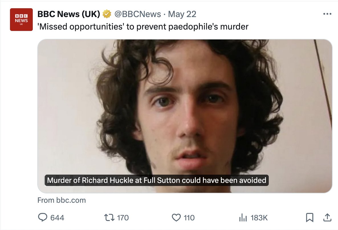 'Huckle, from Ashford, Kent, had been serving 22 life sentences after admitting the sexual abuse of up to 200 Malaysian children aged between six months and 12 years.' Sounds like he got what was coming to him.