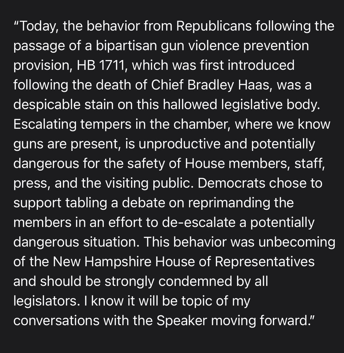 NEW: Statement from House Democratic Leader Matt Wilhelm on near fist-fight that broke out on the floor of the NH House between two Republicans. “Escalating tempers in the chamber, where we know guns are present, is unproductive and potentially dangerous” #NHPolitics