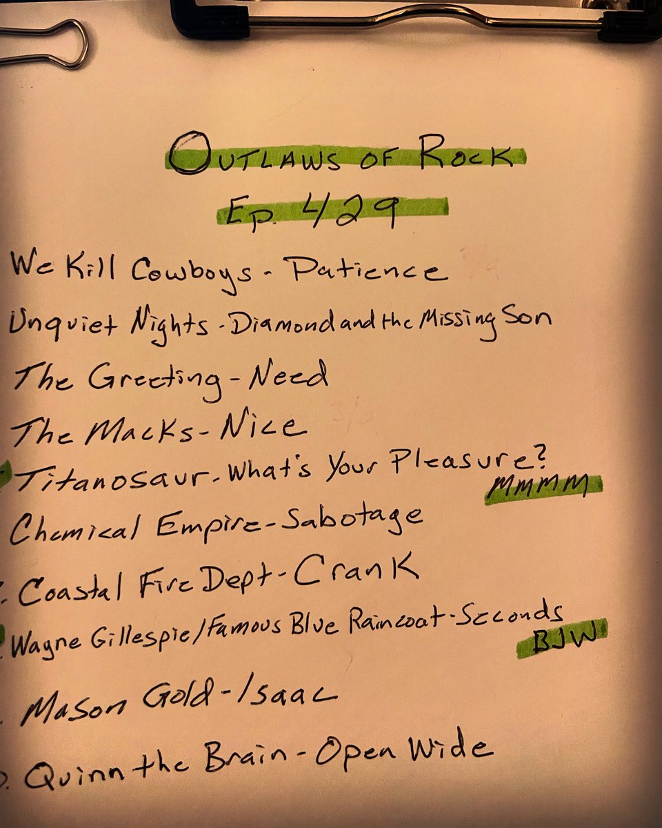 Tully_Dio's tweet photo. ✍️Outlaws of Rock ep.429 5/24 9pst SET LIST: @we.kill.cowboys @unquietnights @thegreetingofficial @themacksband @titanosaurrocks @waynegillespiemusic @chemicalempireofficial @coastalfiredept @masongold @quinnthebrain #outlawsofrock #setlist #fridaynight #predrinks #bigbeers 🍺 https://t.co/vn5AtbUpir