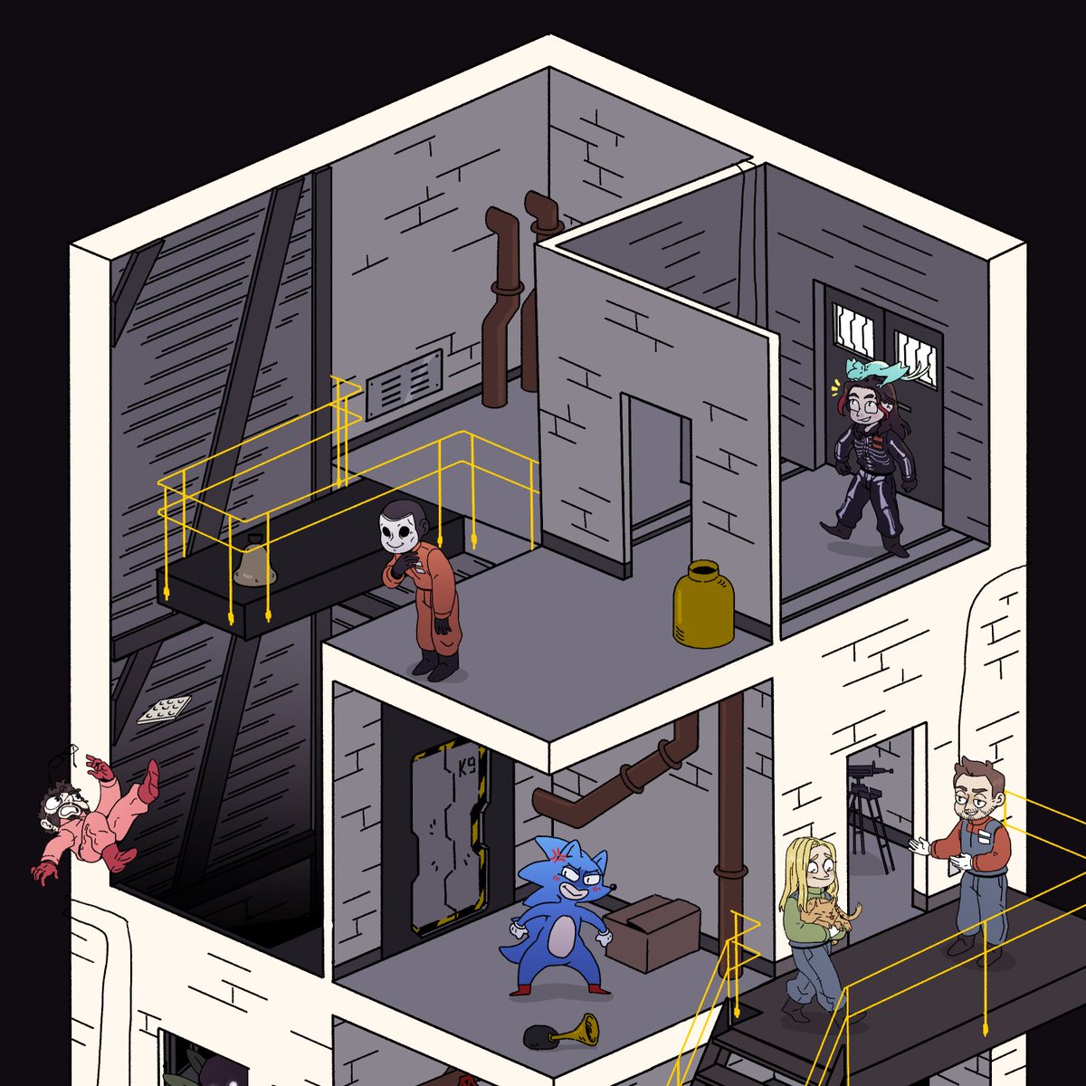 Maunamai's tweet photo. Yo j'ai regardé des vidéo sur Youtube, ça faisait longtemps et j'ai bien aimé alors j'ai fait un dessin.
il y a Antoine Daniel, @AngleDroit_ , @Baghera__Jones @HortyUnderscore , @Mynthos , @Frederic_Molas , @ZeratoR  et @mistermv et ils jouent à Lethal Company.
Cordialement https://t.co/MGSBcKsNSp
