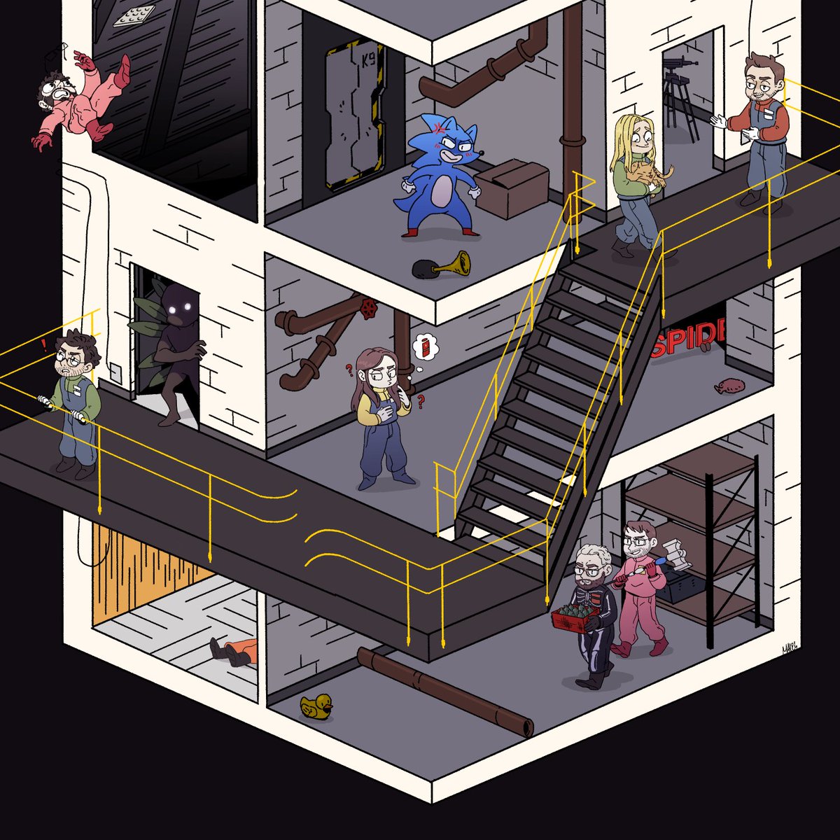 Yo j'ai regardé des vidéo sur Youtube, ça faisait longtemps et j'ai bien aimé alors j'ai fait un dessin.
il y a Antoine Daniel, <a href="/AngleDroit_/">Angle Droit</a> , <a href="/Baghera__Jones/">Baghera Jones</a> <a href="/HortyUnderscore/">Horty Undercover</a> , <a href="/Mynthos/">Mynthos</a> , <a href="/Frederic_Molas/">Joueur du Grenier</a> , <a href="/ZeratoR/">ZeratoR</a>  et <a href="/mistermv/">mistermv</a> et ils jouent à Lethal Company.
Cordialement