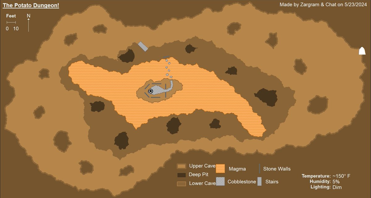 TheZargram's tweet image. My chat and I worked hard to make the &quot;Potato Dungeon&quot;! It is a massive cavern with magma at the bottom and some mysterious ruins!

#dnd #dungeonmaps #e #dungeonsanddragons #rpg #dndmaps #dungeonmaster  #dungeonmap #ttrpg #fantasyart #tabletop #dungeon #maps #fantasymap  #fantasy