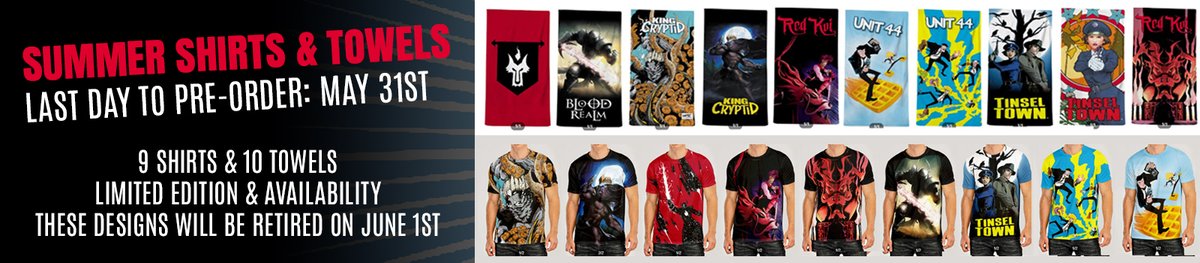 COMICS & MERCH UPDATES! 4 New Comics - PRINTING Holo Fame Comics - PRINTING Granite Beast figure - ALMOST COMPLETE Blood Realm: DOTW - InDemand King Cryptid #5-9 - InDemand and In Production (many perks closing out on June 1st) T-Shirts & Towels - Closing out on June 1st