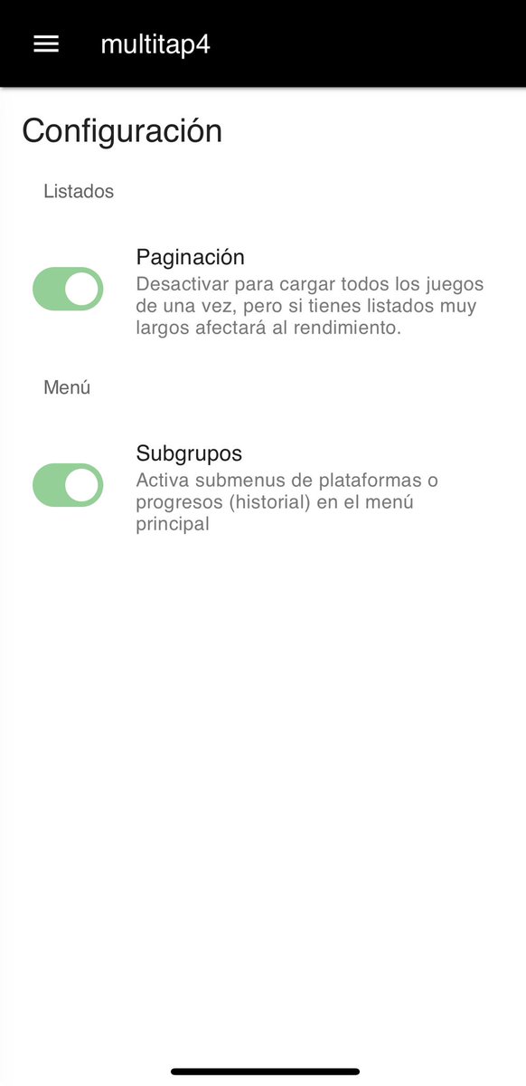 multitap4's tweet photo. Versión 0.0.16
En configuración se pueden activar los subgrupos, que despliega un submenú en las listas con acceso directo a juegos por plataformas o por progreso en el historial.

*La configuración se resetea cada vez que abres la aplicación, tengo pendiente guardarla. https://t.co/MtHXVC1xLa