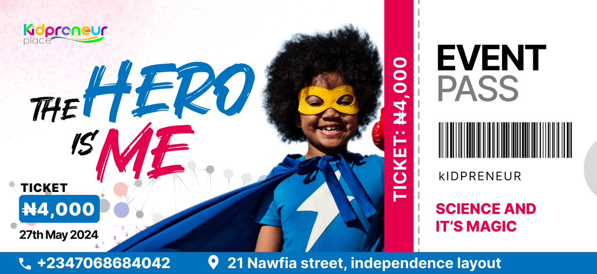 KidpreneurP's tweet photo. 4 days to go to "The Hero is Me" 
Have you gotten your tickets? 
Don't miss the opportunity for your child to unleash their inner scientist and become a hero of science 

#hero #may27th #HeroIsMe #heroism #heroes #kidpreneurplace #ChildrensDay https://t.co/ce3iuOHVhn
