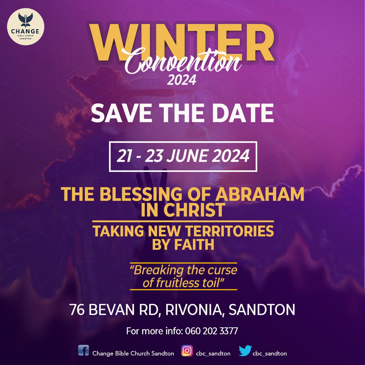 cbc_sandton's tweet photo. It is here, it has arrived‼️
The Annual CBC Sandton Winter is upon us. Join us from the 21st - 23rd of June 2024 for a life  changing revival. Look out for more details!

#CBCSandton
#2024WinterConvention
#TakingNewTerritories https://t.co/c0LP9TWC5w