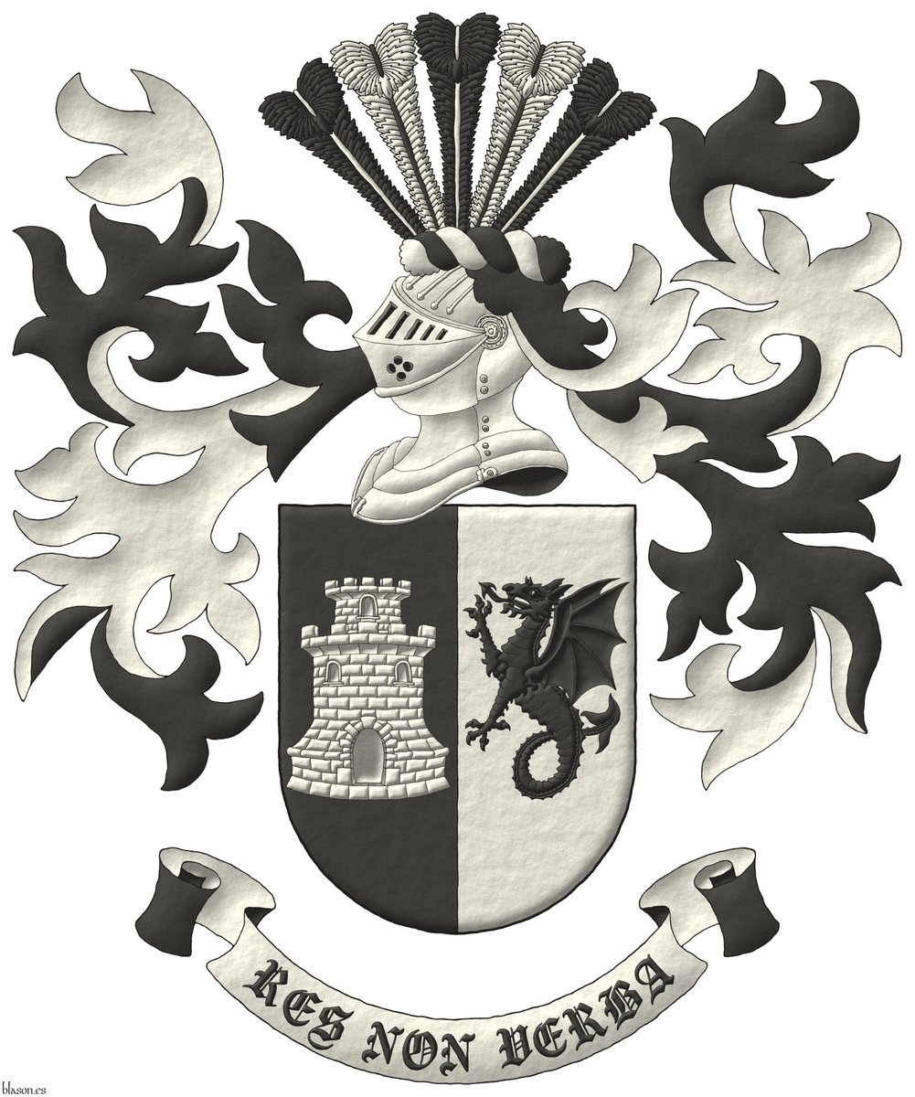 ntoniosalmeron's tweet image. The coat of arms of the Ormazabal Lazaro family, designed by them and me, and emblazoned by me. Motto: «Res non verba». #Tower #Turret #Wyvern #Erect #Helm #Wreath #Ostrich #Feather #Stemmed #Mantling #Motto