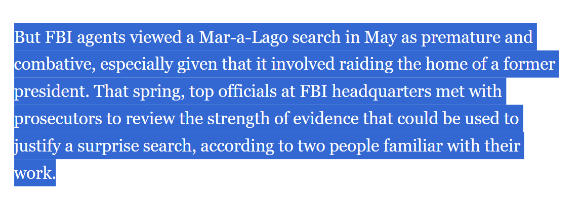 From March 2023 WashPo piece 'Showdown Before the Raid.' Degenerate midget Jay Bratt wanted to authorize the raid in May 2022 but he got pushback from Washington FBI field office. Main Justice and FBI HQ started conspiring shortly after the FBI opened the investigation in March