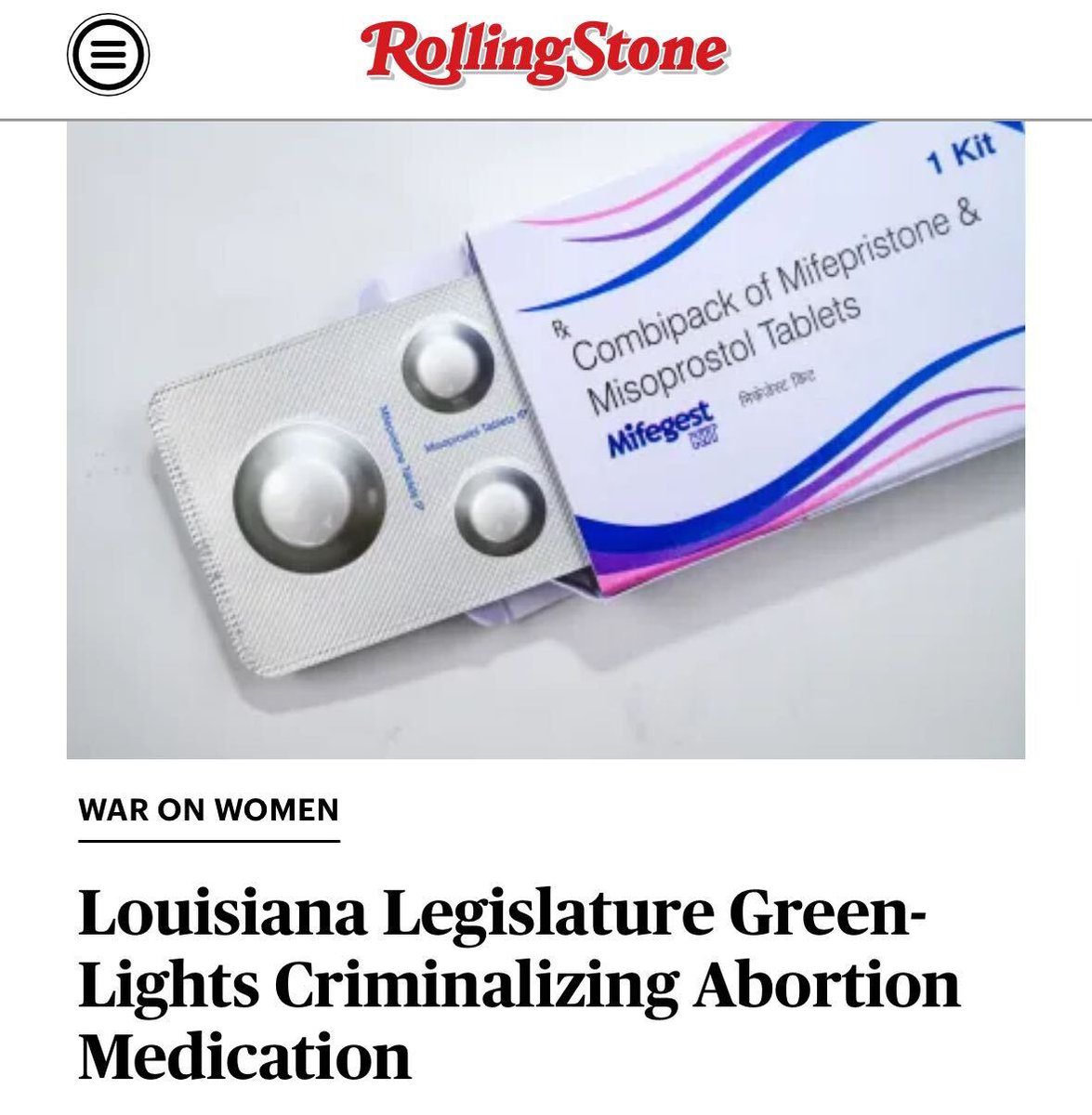 Louisiana is poised to legally reclassify abortion care medication as a dangerous controlled substance punishable with jail time if obtained without a prescription. Story: rollingstone.com/politics/polit…