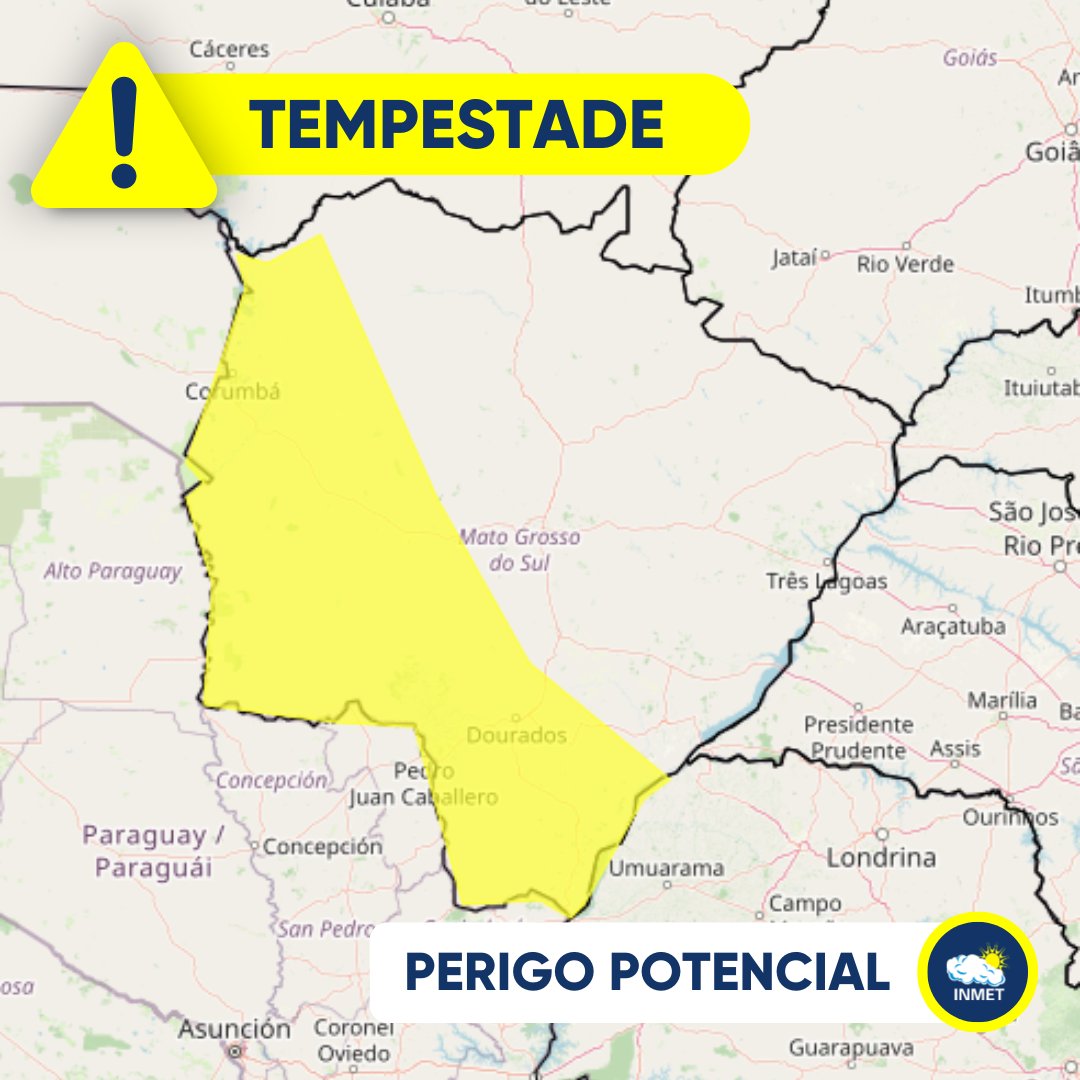 ⚠ #Atenção: Previsão de tempestade, hoje (23) e amanhã (24), em áreas do Mato Grosso do Sul. O volume total de chuva pode chegar a 50 milímetros (mm) em 24h, com ventos de até 60 km/h e queda de granizo. 🟡 Confira o aviso amarelo (perigo potencial) 👉 alertas2.inmet.gov.br/47505