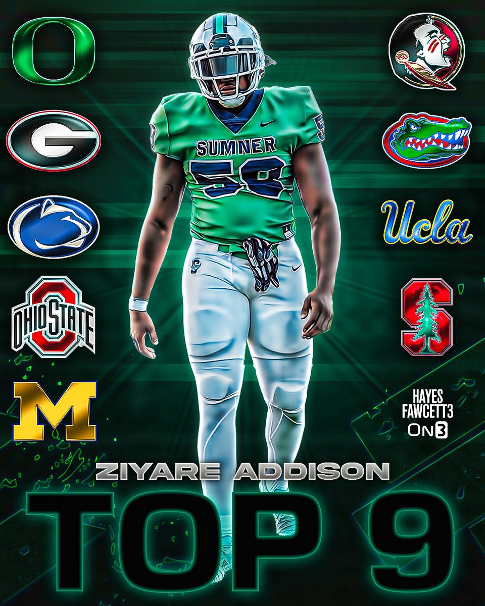 NEWS: Four-Star OT Ziyare Addison is down to 9️⃣ Schools, he tells me for @on3recruits The 6’5 285 OT from Tampa, FL is ranked as the No. 14 OT in the ‘25 Class (per On3 Industry) Where Should He Go?👇🏽 on3.com/db/ziyare-addi…