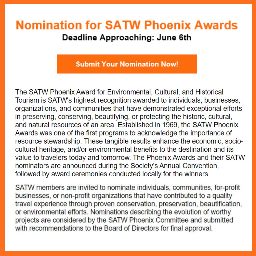 Reminder: Phoenix Award nominations are closing soon! Do you have an individual, community or organization in mind that's deserving of the award? Nominate them by June 6.

Learn about the award & nominate: bit.ly/4buXslS

#TravelWriting #TravelBlogging #Travel